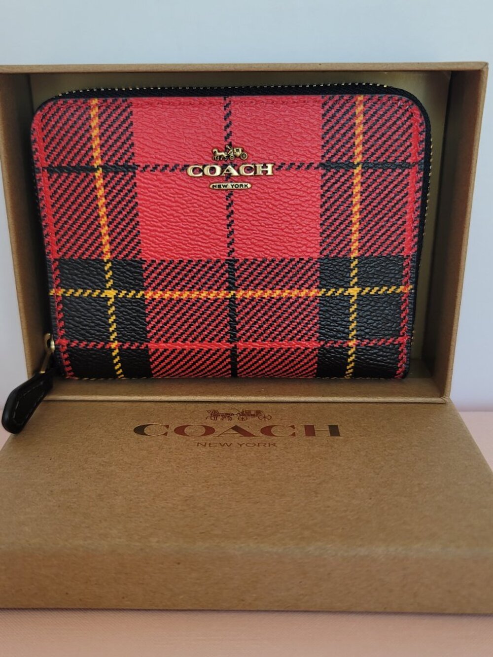 COACH Novelty Plaid Coated Canvas Small Zip-Around Wallet- Red Multi color🎈$85.